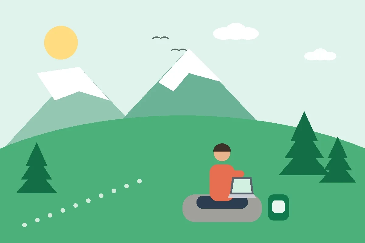 Ilustración de una persona estudiando una formación online con su portátil sentada en una roca en la montaña