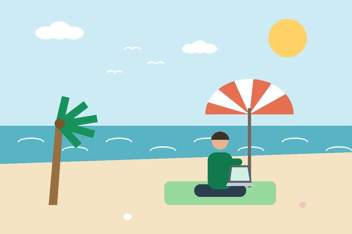 Ilustración de una persona trabajando con su portátil en la playa bajo una sombrilla, representando la libertad de la formación online