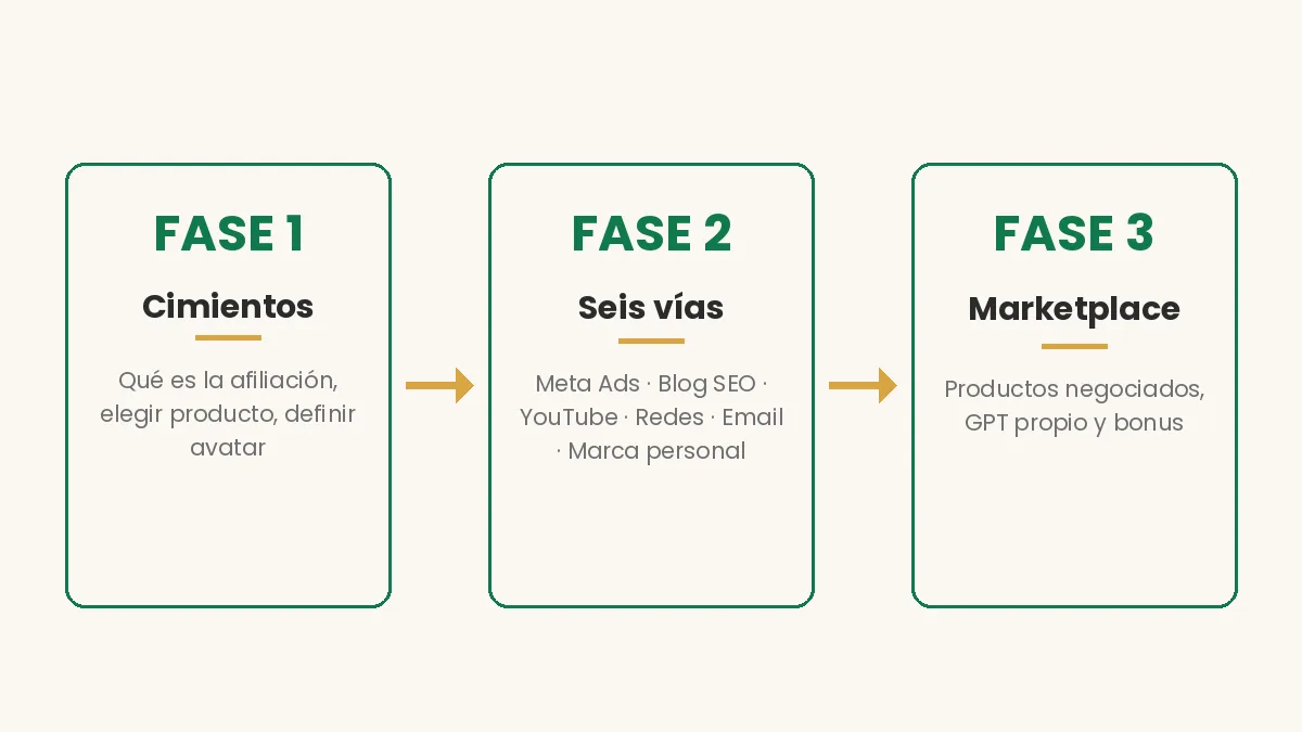Estructura de Partner 360 en tres fases: cimientos, seis vías de tráfico y marketplace de afiliaciones