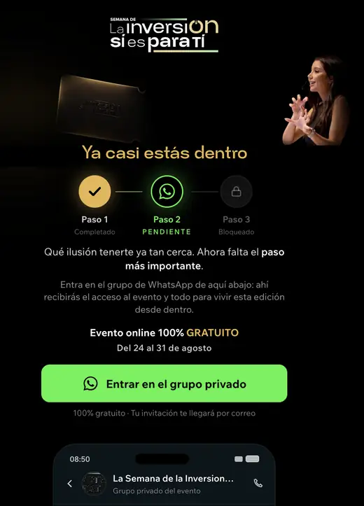 Paso 3 del registro: la pantalla que invita a entrar en el grupo de WhatsApp del evento