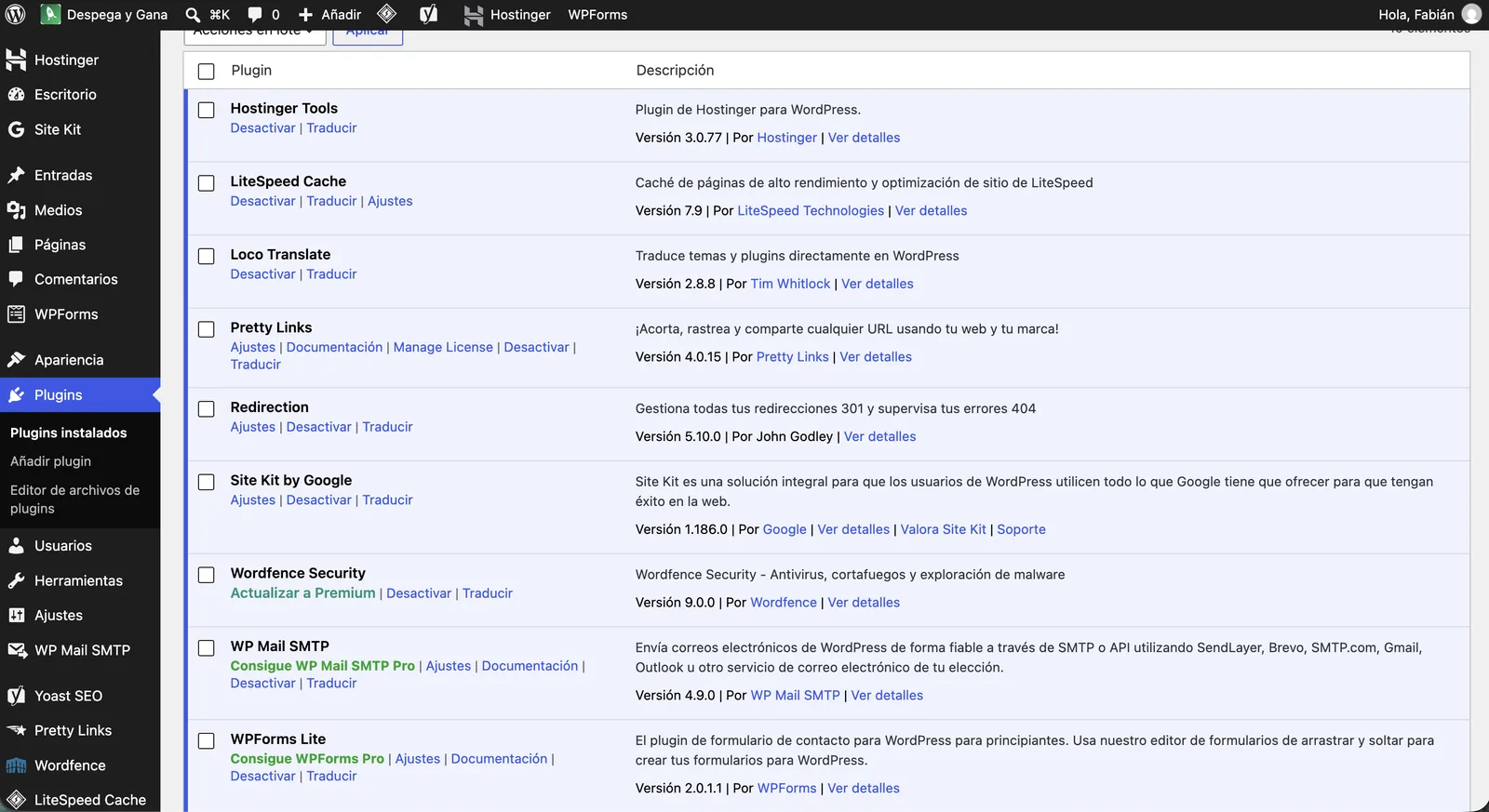 Plugins instalados en el blog, todos en versión gratuita