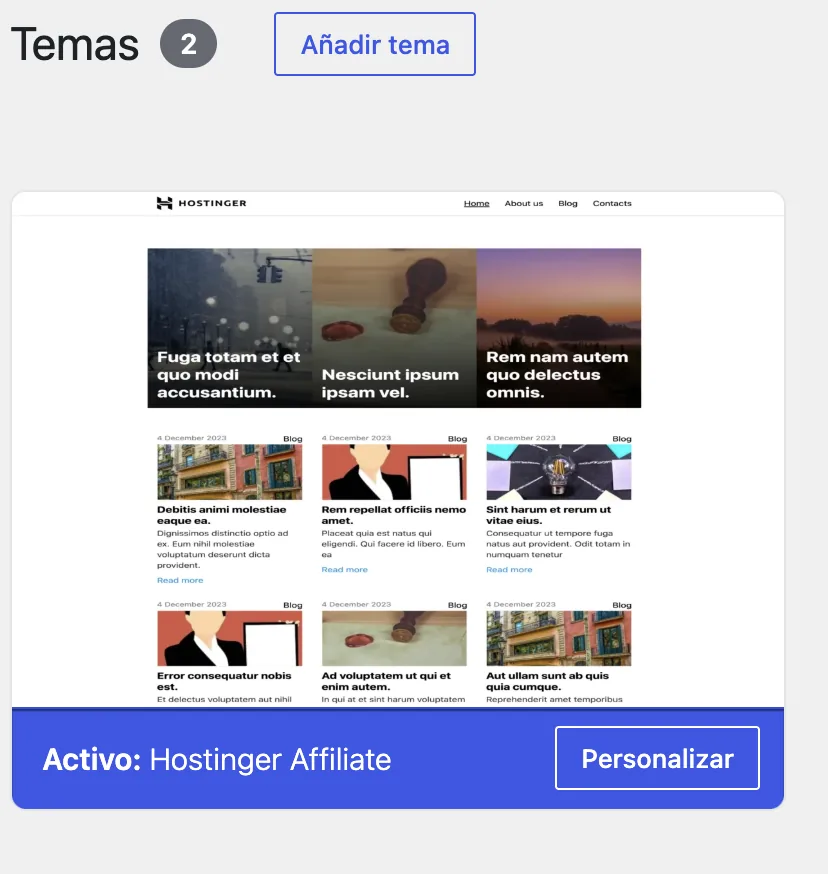 Tema gratuito de WordPress activo en el blog