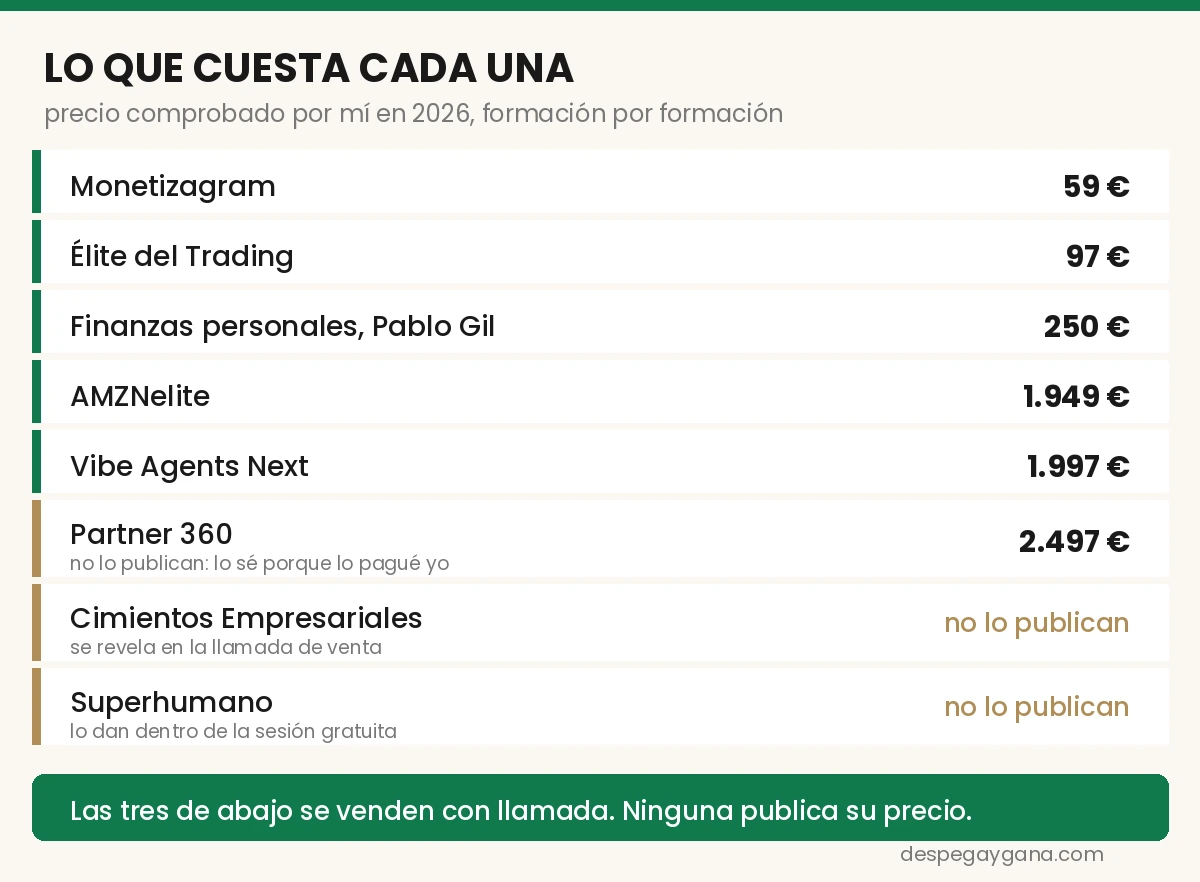 Tabla con el precio verificado de ocho formaciones online en 2026