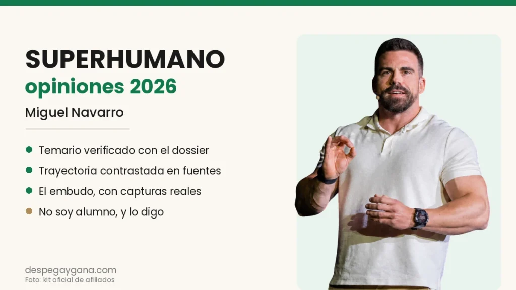 Superhumano opiniones 2026, ilustración con Miguel Navarro y los puntos que he verificado del programa