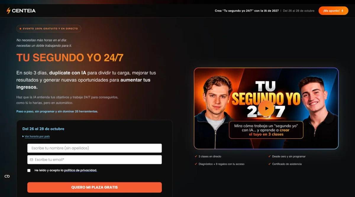 Página del evento gratuito Tu Segundo Yo 24/7 de CenteIA, del 26 al 28 de octubre